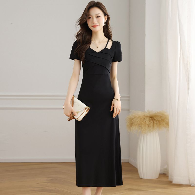Elegant Black French Halter Dress