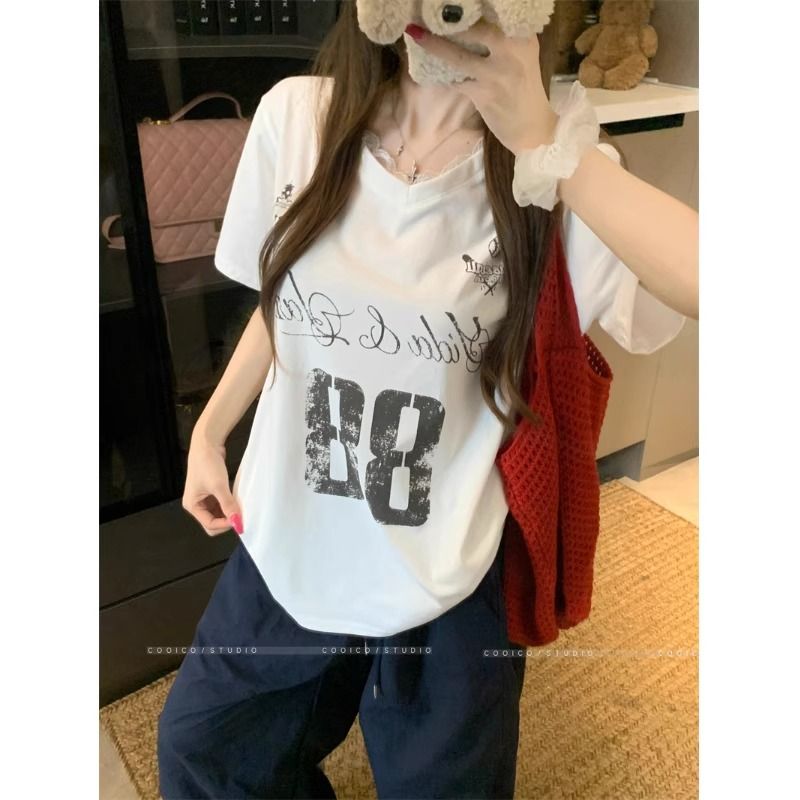 Rayon Lace Patchwork Letter T-Shirt