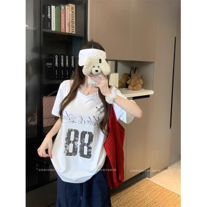 Rayon Lace Patchwork Letter T-Shirt