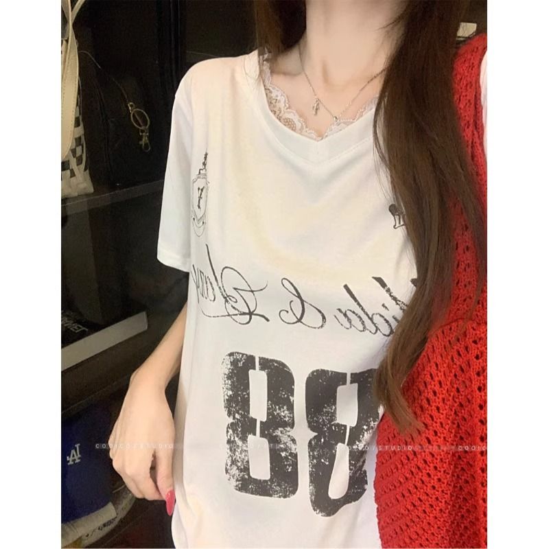 Rayon Lace Patchwork Letter T-Shirt